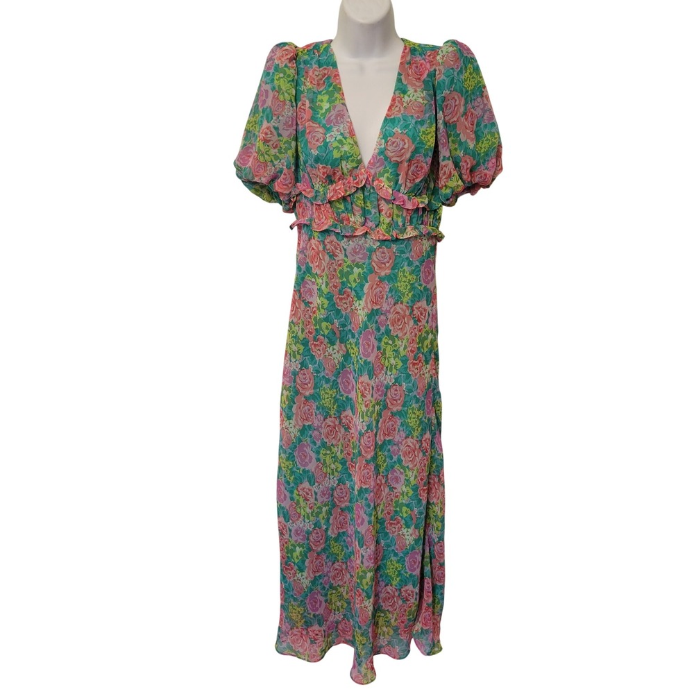 ASTR The Label M Maxi Dress Green Pink Floral Puff Sleeve ESPERANZA V Neck Fairy - Picture 1 of 10